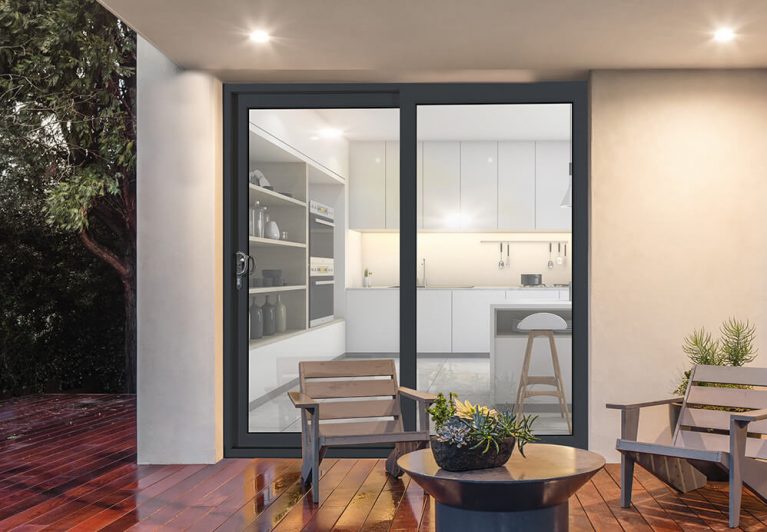External view of a grey sliding patio door