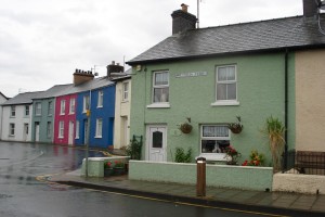 A house painted green with white windows