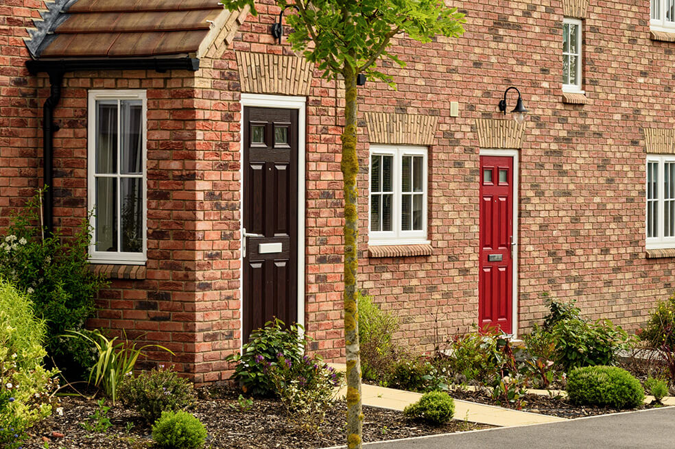 Black and red composite front doors