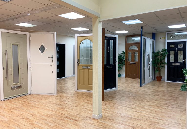 A range of front doors on demo at our showroom in wales