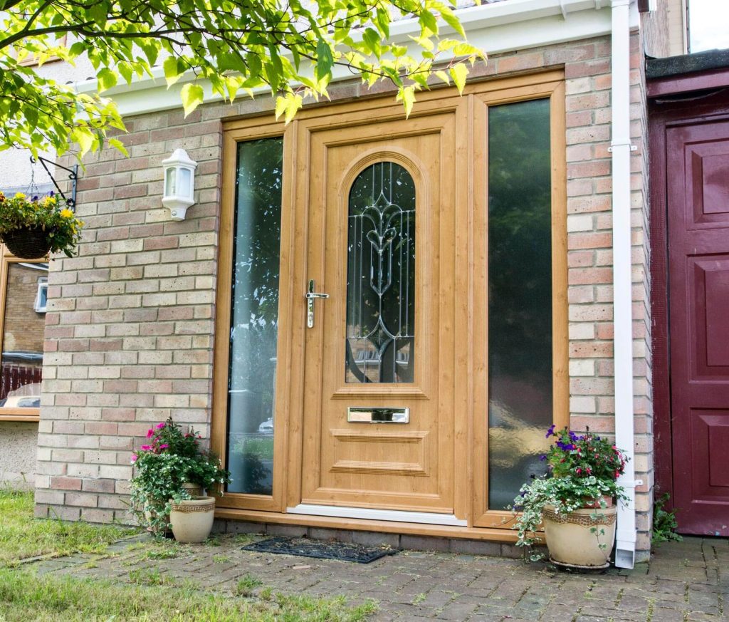 uPVC front door with oval shape window and sidelights