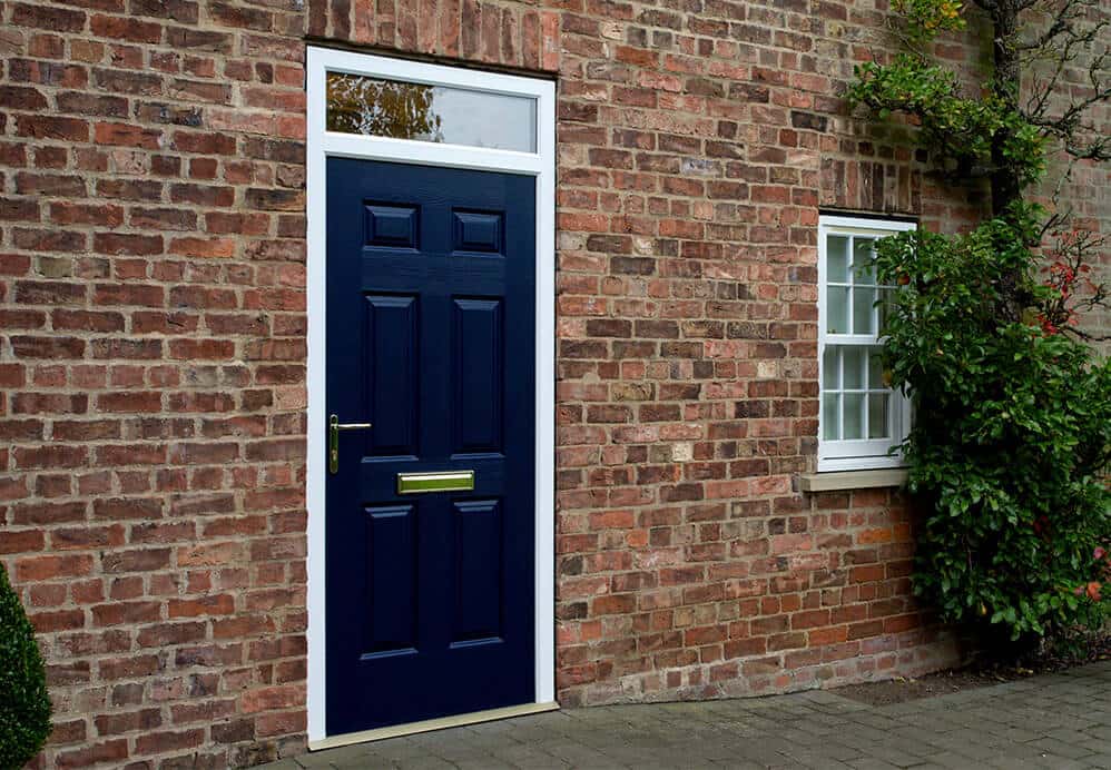 A blue composite entrance door with single glazed panel above