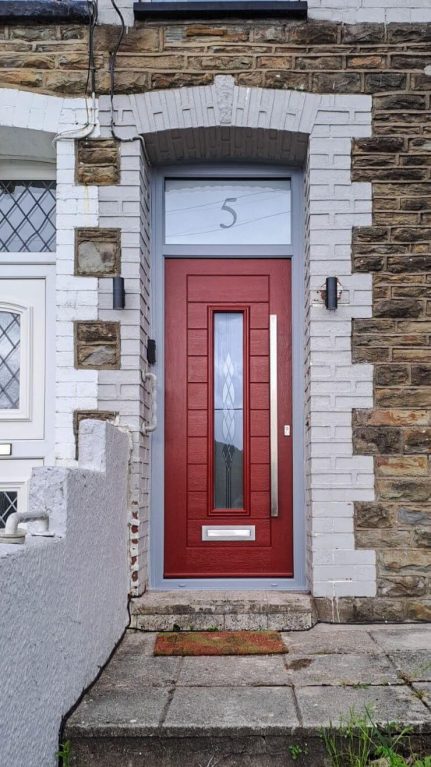 Endurance Fuji composite door with graphite glass, elephant grey frame, rich red door slab.