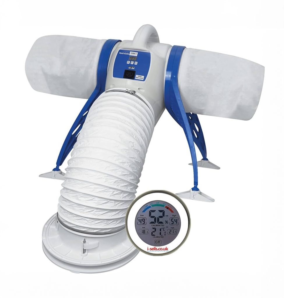 Positive Input Ventilation (PIV) unit with digital control panel, flexible duct, and air filters.